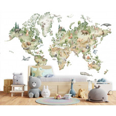 Eine Fototapete mit einer Weltkarte und fröhlichen Tieren in einer verspielten Umgebung, geeignet für ein Kinderzimmer.
