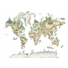 Eine Fototapete mit einer Weltkarte und Tieren, perfekt für ein Kinderzimmer mit verspielten Illustrationen von Tieren aus verschiedenen Kontinenten.