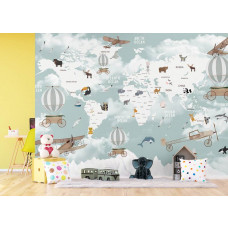 Eine abenteuerliche Fototapete mit einer Weltkarte mit Tieren im Kinderzimmer, schafft eine lehrreiche und fantasievolle Umgebung für Kinder.