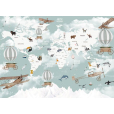 Fototapete mit einer verspielten Weltkarte voller Tiere und Länder, perfekt für einen lehrreichen und fantasievollen Look.