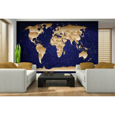 Eine Fototapete mit einer bunten Weltkarte mit Gold- und Blautönen.