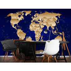 Eine Fototapete mit einer goldenen und blauen Weltkarte im abstrakten Stil.
