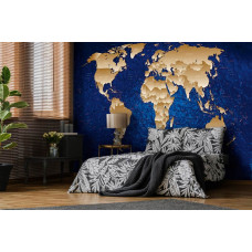 Eine Fototapete mit einer abstrakten Weltkarte in Gold und Blau, perfekt für das Schlafzimmer.