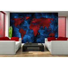 Eine Fototapete mit einer Weltkarte in Rot und Blau als abstraktes Kunstwerk für das Wohnzimmer.