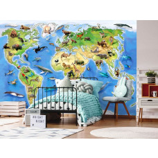 Eine Fototapete mit einer Weltkarte mit Tieren, ideal für ein Kinderzimmer.