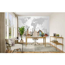 Fototapete Weltkarte mit ikonischer Architektur in einem Büro, mit weltberühmten Sehenswürdigkeiten wie dem Eiffelturm, dem Kolosseum und Big Ben als Wanddekoration.