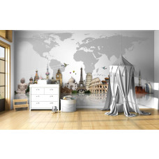 Fototapete Weltkarte mit ikonischer Architektur in einem Kinderzimmer, farbenfrohes Design mit weltberühmten Bauwerken wie den Pyramiden von Gizeh und dem Eiffelturm.