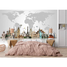 Ein Schlafzimmer mit einer Fototapete einer Weltkarte mit ikonischer Architektur.
