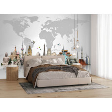 Fototapete Weltkarte mit ikonischer Architektur in einem Schlafzimmer, stimmungsvolles Design mit Eiffelturm, Kolosseum, Big Ben und Freiheitsstatue für einen einzigartigen Look.
