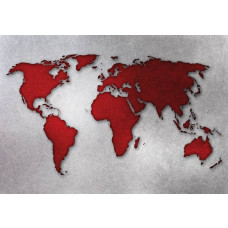 Weltkarte auf Betonwand, rot und grau abstrakt dargestellt für eine moderne und urbane Atmosphäre.