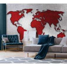 Eine Fototapete mit einer Weltkarte in Grau und Rot auf einer Betonwand für das Wohnzimmer.