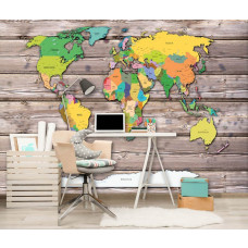Eine Fototapete mit einer bunten Weltkarte, ideal für ein Büro.