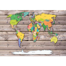 Farbige Weltkarte auf Holz, abstrakte Fototapete mit leuchtenden Farben und modernem Look.