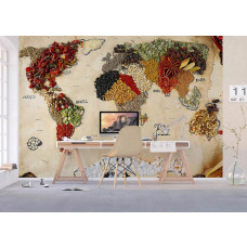 Fototapete einer Weltkarte mit allen Gewürzen in einem stilvollen Büro.