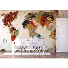 Fototapete einer Weltkarte mit allen Gewürzen in einer Küche.