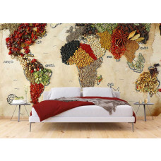 Fototapete einer Weltkarte mit allen Gewürzen in einem Schlafzimmer.