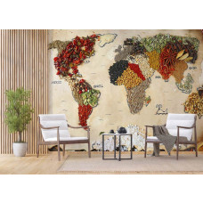 Fototapete einer Weltkarte mit allen Gewürzen in einem Geschäftsraum.