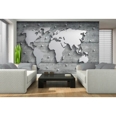 Eine Fototapete mit einer Weltkarte auf einem Hintergrund aus Beton und Silber für das Wohnzimmer.