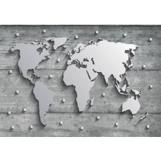 Fototapete mit einer Weltkarte aus Metall und Beton, abstraktes Silberdesign.