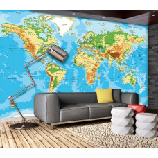 Eine Fototapete einer Weltkarte mit Planeten und Städten für das Wohnzimmer.