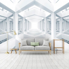 Eine Fototapete mit abstrakten geometrischen Formen in einem weißen Raum.