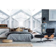 Eine Fototapete mit geometrischen 3D-Formen in einem weißen, künstlerischen Raum, geeignet für das Schlafzimmer.