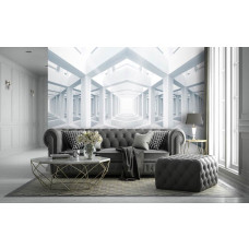 Eine Fototapete mit geometrischen 3D-Formen in einem abstrakten Raum, platziert im Wohnzimmer.