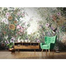 Eine Fototapete mit einem wilden Garten mit Blumen für das Schlafzimmer und das Wohnzimmer.