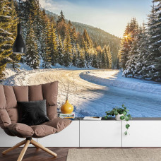 Eine Fototapete mit einem ruhigen Sonnenaufgang in einem Winterwald, geeignet für ein Wohnzimmer.