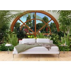 Eine Fototapete eines Wintergartens mit Pflanzen und Blumen für das Schlafzimmer.