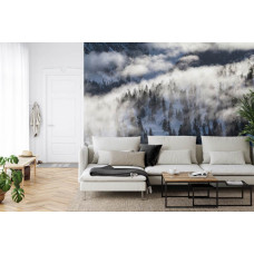 Eine Fototapete mit einer Winterlandschaft voller verschneiter Bäume und Berge, perfekt für ein Wohnzimmer.