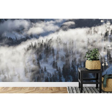 Eine Fototapete mit einer bezaubernden Winterlandschaft voller Schnee, perfekt für eine Küche.