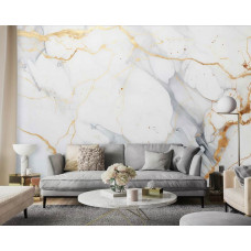 Eine Fototapete mit weißem und goldenem Marmor in einem nahtlosen Design, bedruckt auf Airtex, ideal für ein Wohnzimmer.