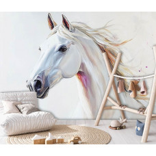 Fotobehang wit paard in artistieke stijl in een meisjeskamer, waar de schildering een elegante blikvanger vormt.