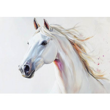 Fotobehang wit paard in artistieke stijl met schilderachtige penseelstreken en subtiele kleuraccenten.