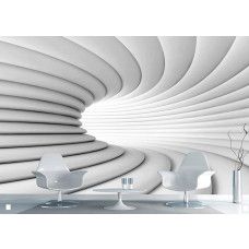 Eine Fototapete eines weißen 3D-Tunnels, die einen optischen Effekt und ein Gefühl von Raum in einem Wohnzimmer verleiht.