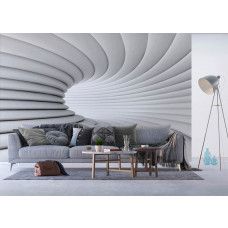 Eine Fototapete eines weißen 3D-Tunnels, die eine minimalistische und innovative Atmosphäre in einem Wohnzimmer schafft.