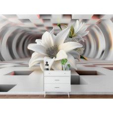 Fotobehang met een 3D tunnel vol witte bloemen aan de muur van een moderne hal.