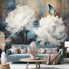 Ein Fototapet von weißen Blumen und Schmetterlingen auf einem Gemälde in einem Wohnzimmer.