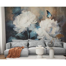 Ein Fototapet von weißen Blumen und Schmetterlingen auf einem Gemälde in einem Wohnzimmer mit Vliesbehang.