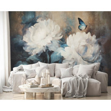 Ein Fototapet von weißen Blumen und Schmetterlingen auf einem Gemälde in einem Wohnzimmer mit Vliesbehang.