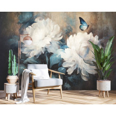 Ein Fototapet von weißen Blumen und Schmetterlingen auf einem Gemälde in einem Wohnzimmer.