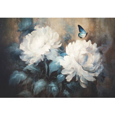 Ein Fototapet von weißen Blumen und Schmetterlingen auf einem Gemälde.