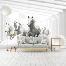 Eine Fototapete mit weißen Pferden in Bewegung, eingefangen in einer abstrakten Komposition.