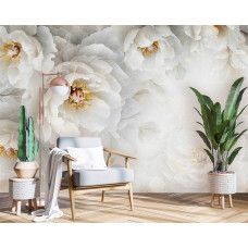 Fototapete mit üppigen weißen Pfingstrosen in voller Blüte, sanften Details und einer subtilen Farbpalette, die eine elegante und ruhige Atmosphäre im Wohnzimmer schafft.