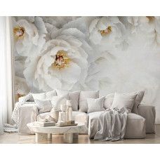 Fototapete mit üppigen weißen Pfingstrosen in voller Blüte, sanften Details und einer subtilen Farbpalette, die eine elegante Atmosphäre im Wohnzimmer schafft.