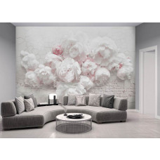 Fototapete Weiße Pfingstrosen auf Backsteinmauer