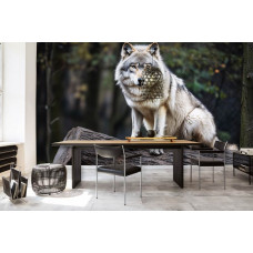 Fotobehang wolf in het bos in kantoor met imposante wolf en rustgevende natuurdetails.
