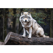 Fotobehang wolf in het bos met zittende grijze wolf op een boomstam tussen de bomen.