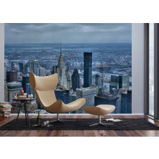 Ein Fototapet von Wolkenkratzern in der Skyline von New York in einem Wohnzimmer mit Airtex und Vliesbehang.